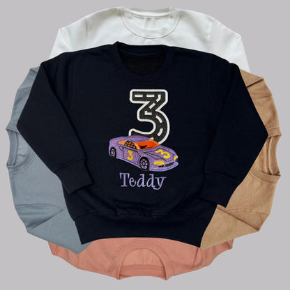 Personalised Embroidered Children's Birthday top: Racing Car Design