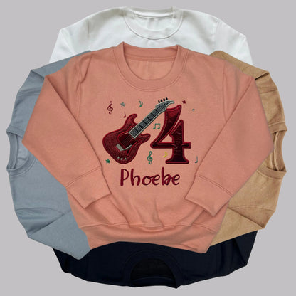 Personalised Embroidered Children's Birthday Top: Glittery Guitar Design