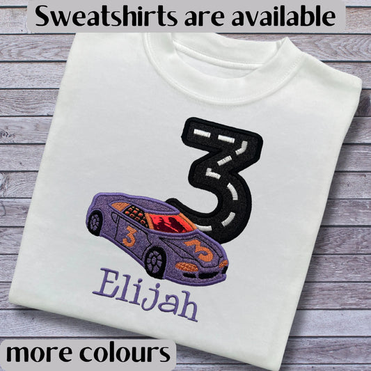 Personalised Embroidered Children's Birthday top: Racing Car Design