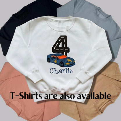 Personalised Embroidered Children's Birthday top: Racing Car Design