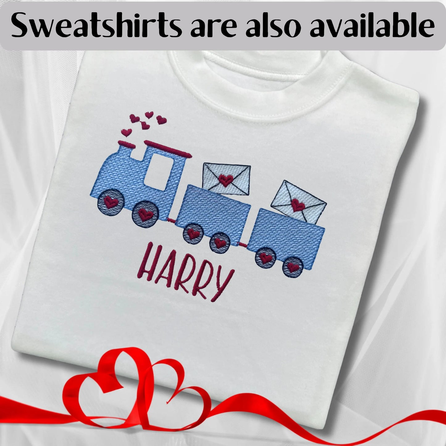 Personalised Embroidered Children's Valentine's Top: Train Design.