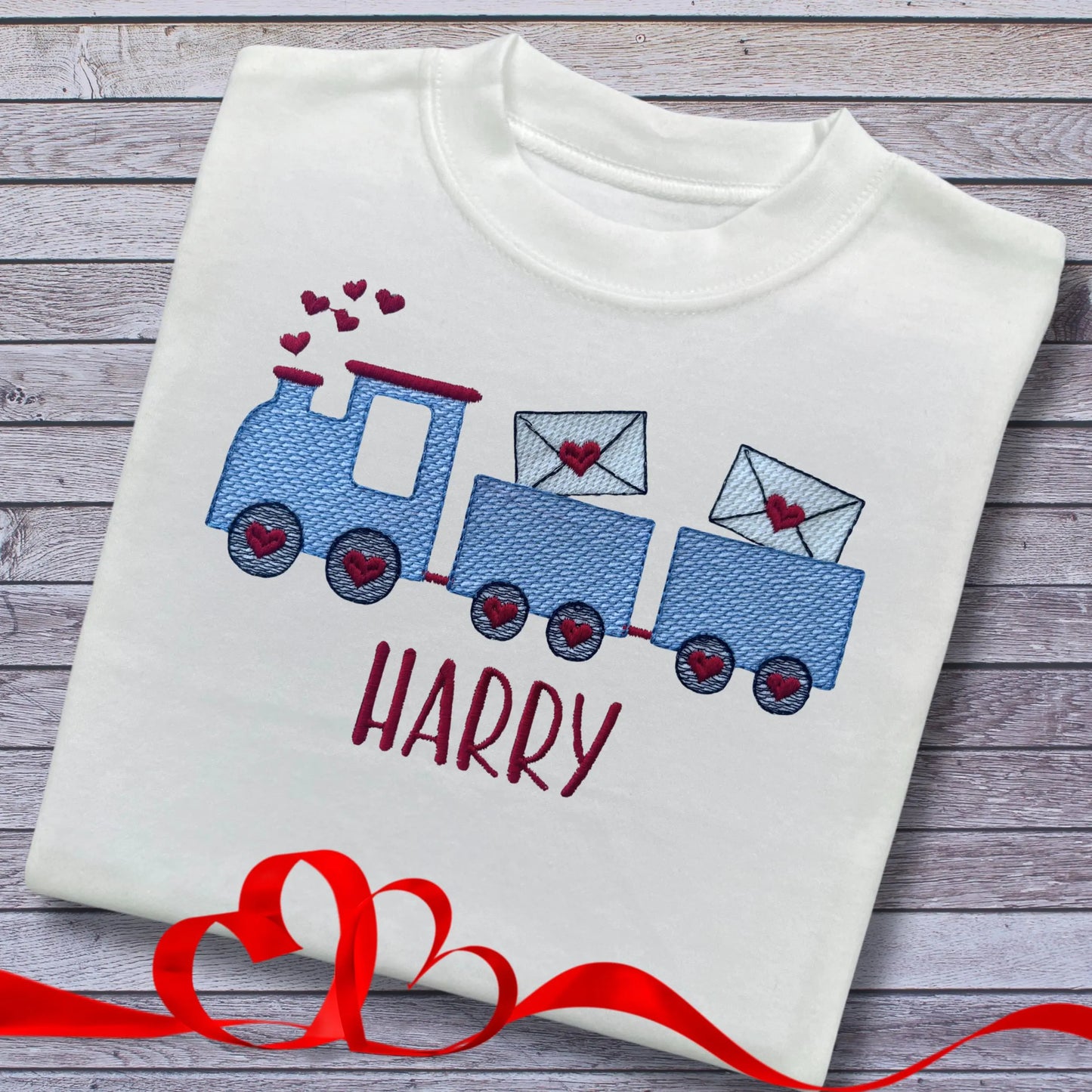 Personalised Embroidered Children's Valentine's Top: Train Design.