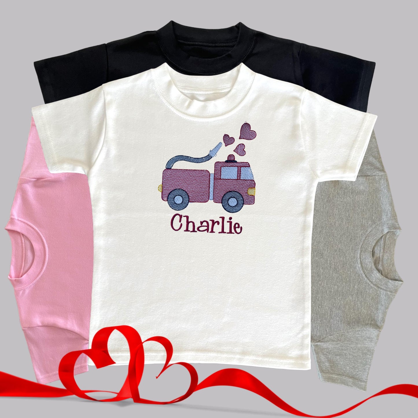 Personalised Embroidered Children's Valentine's Top: Fire Engine Design