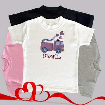 Personalised Embroidered Children's Valentine's Top: Fire Engine Design