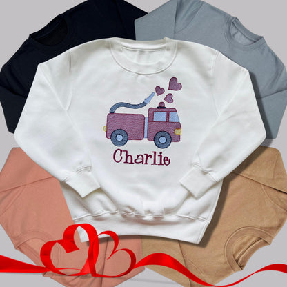 Personalised Embroidered Children's Valentine's Top: Fire Engine Design
