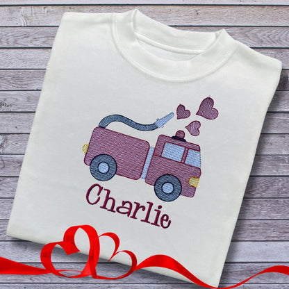 Personalised Embroidered Children's Valentine's Top: Fire Engine Design