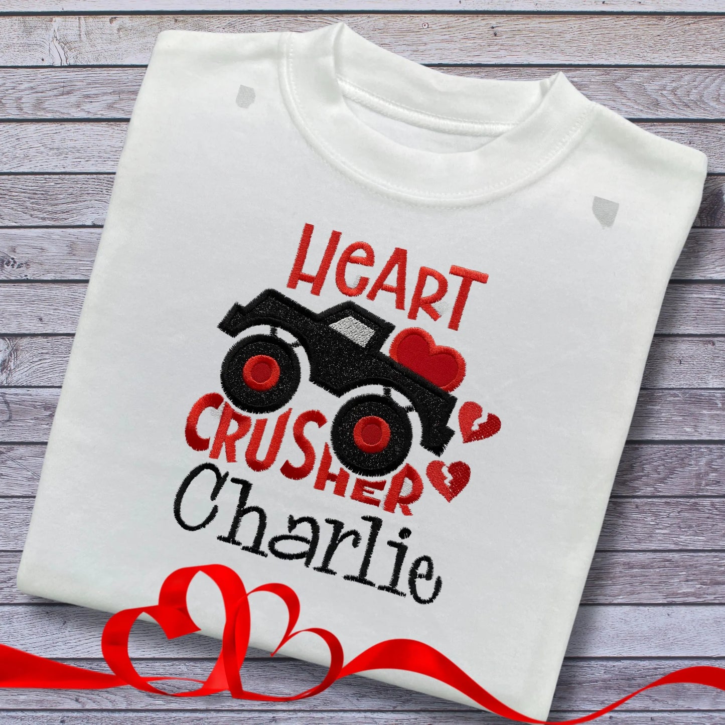 Personalised Embroidered Children's Valentine's Top: Truck Design.