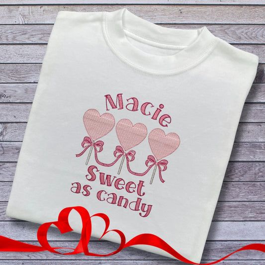 Personalised Embroidered Children's Valentine's Top: Lollipop Heart Design.
