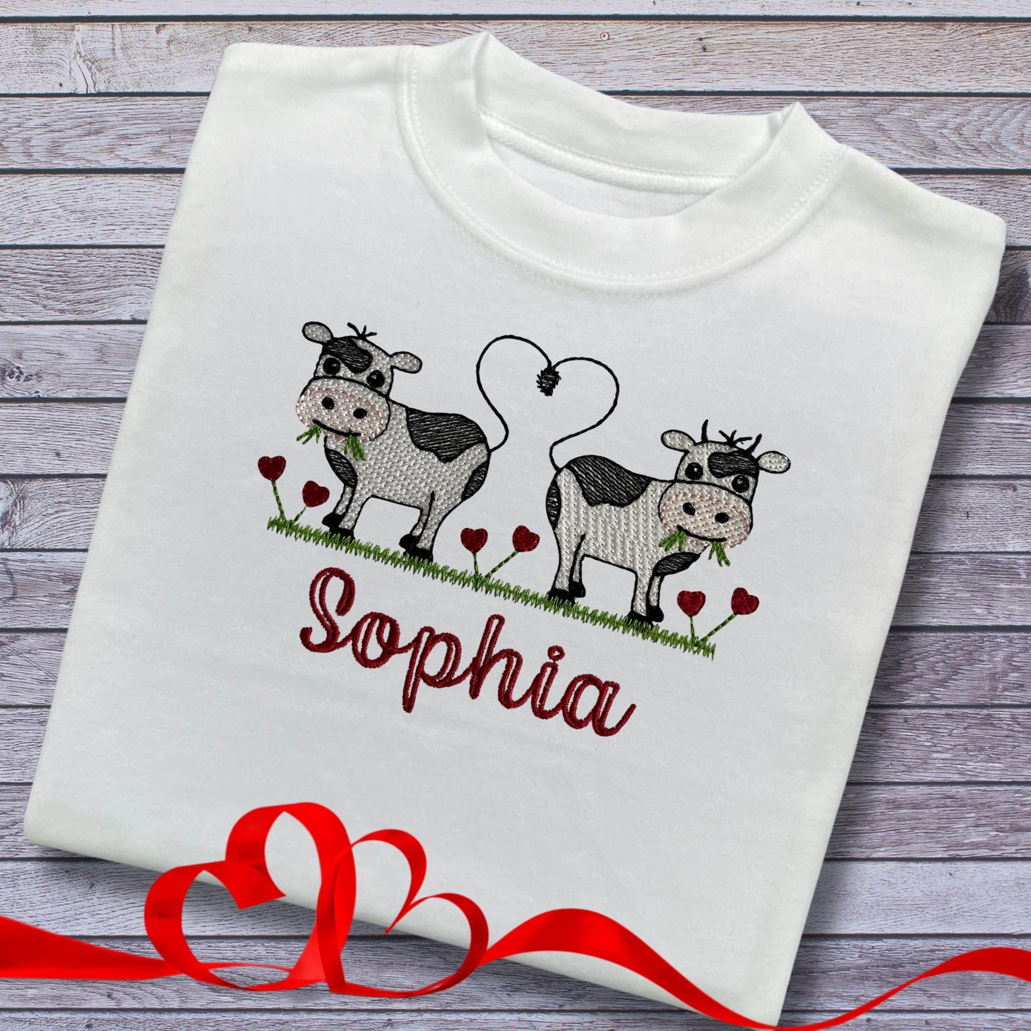Personalised Embroidered Children's Valentine's Top: Cow Design.