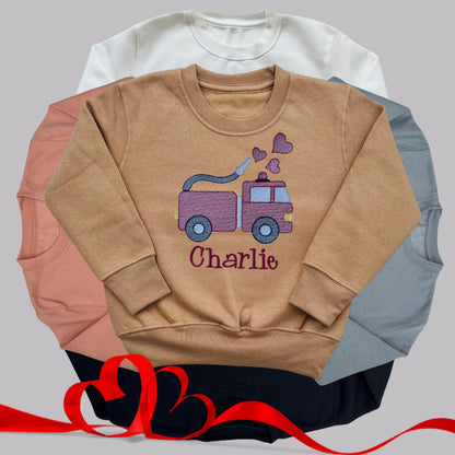 Personalised Embroidered Children's Valentine's Top: Fire Engine Design