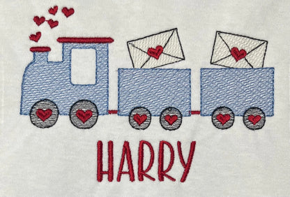 Personalised Embroidered Children's Valentine's Top: Train Design.