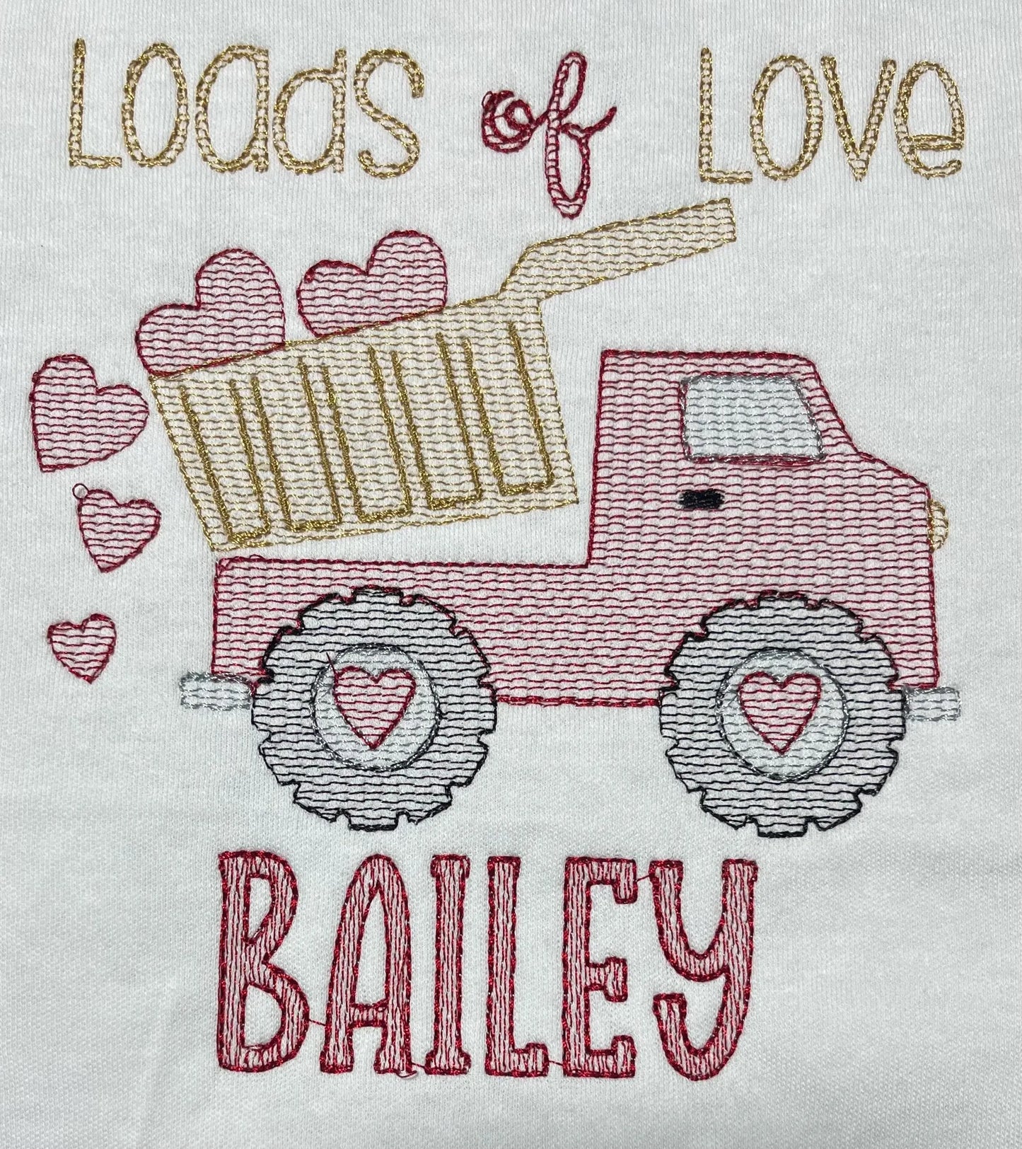 Personalised Embroidered Children's Valentine's Top: Tipper Truck Design.