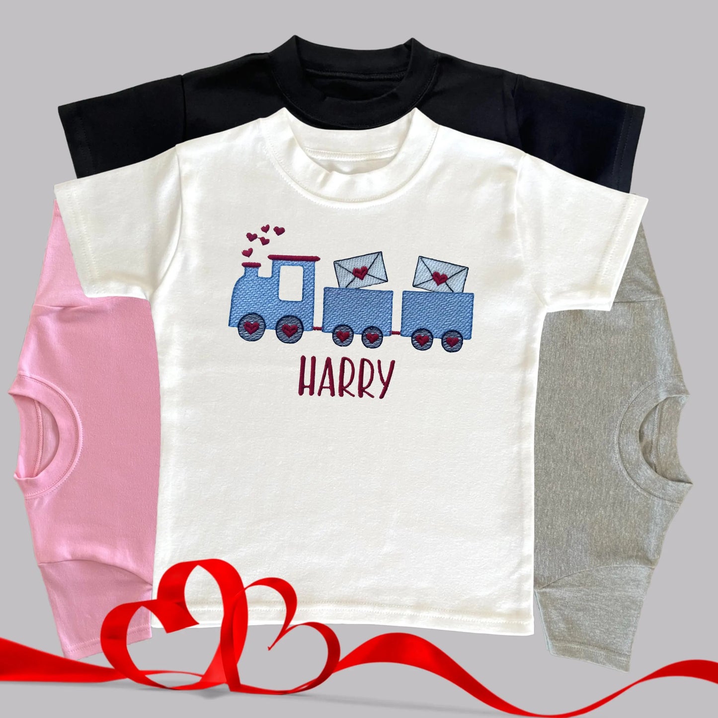 Personalised Embroidered Children's Valentine's Top: Train Design.