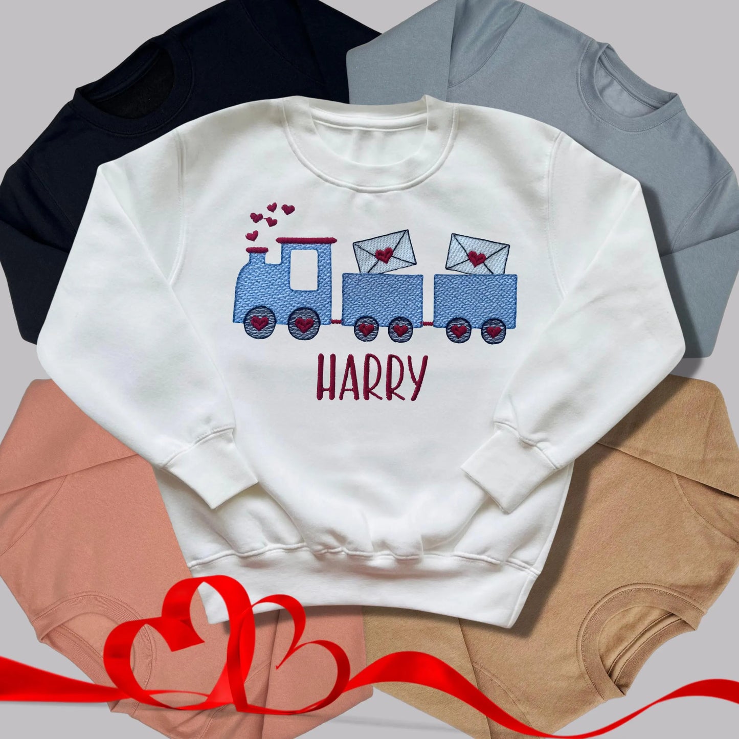 Personalised Embroidered Children's Valentine's Top: Train Design.