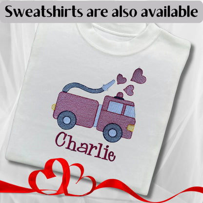 Personalised Embroidered Children's Valentine's Top: Fire Engine Design