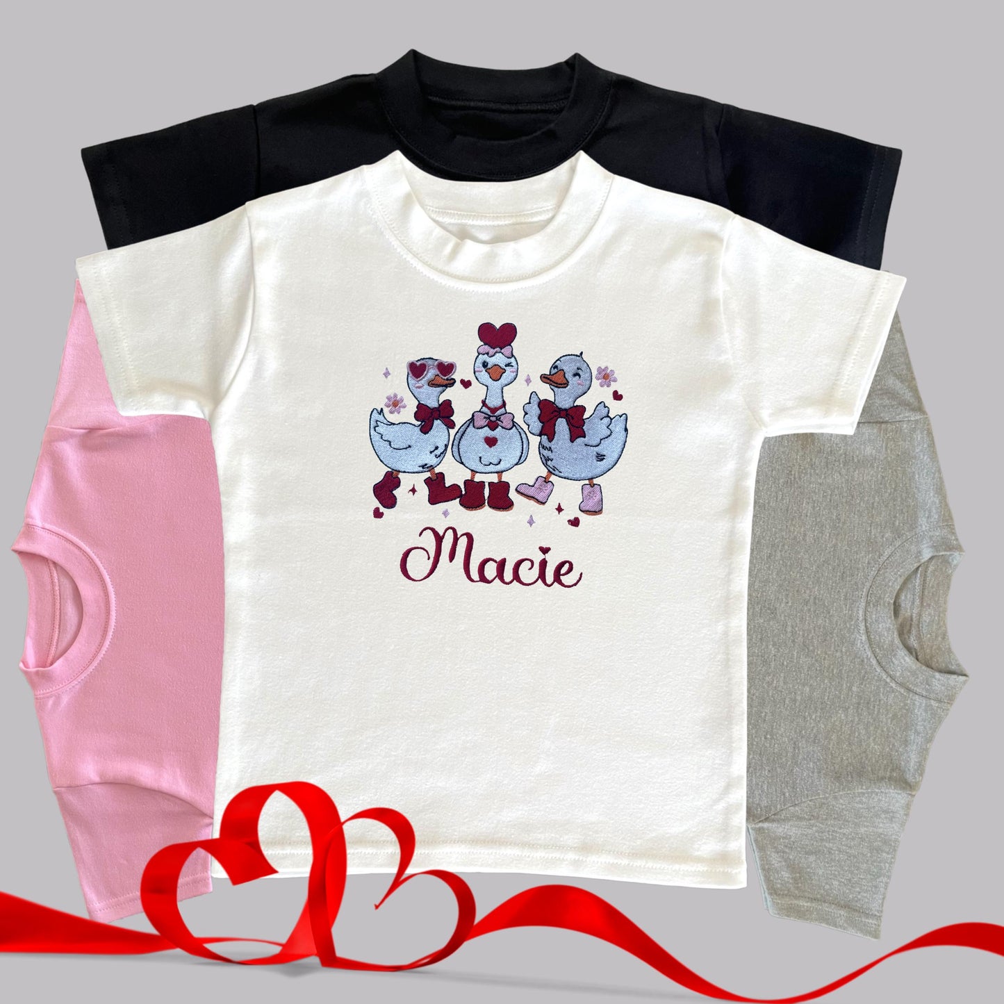 Personalised Embroidered Children's Valentine's Top: Geese Design