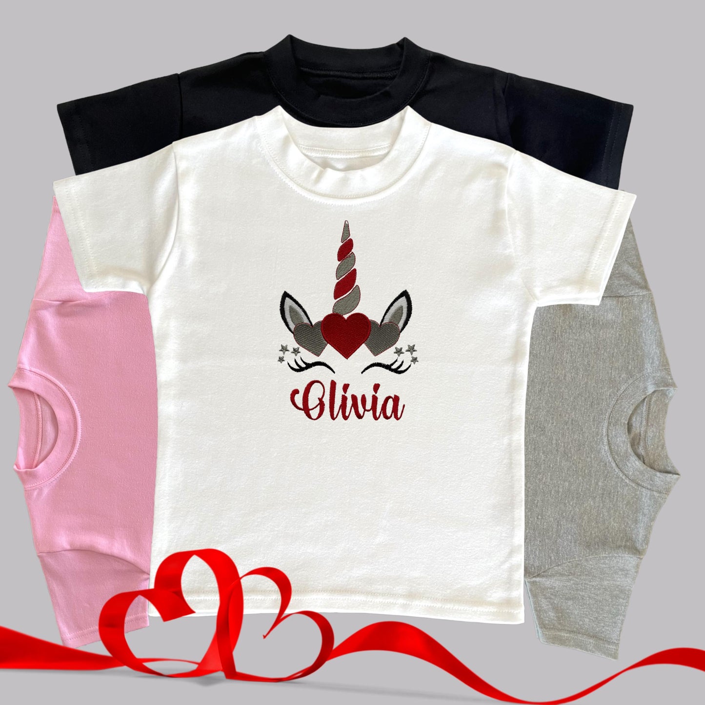 Personalised Embroidered Children's Valentine's Top: Unicorn Design.