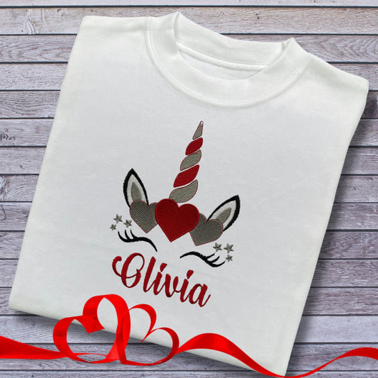 Personalised Embroidered Children's Valentine's Top: Unicorn Design.