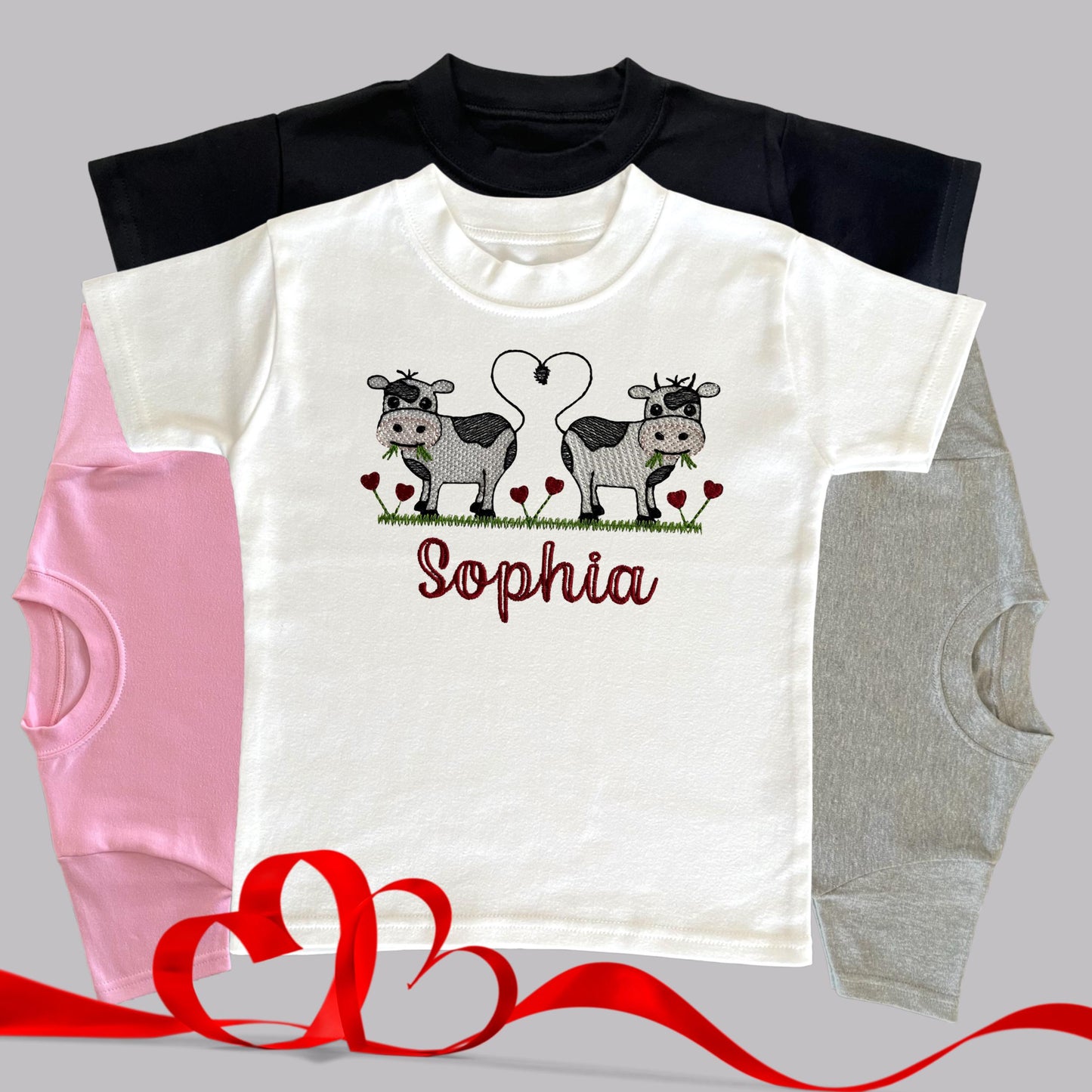 Personalised Embroidered Children's Valentine's Top: Cow Design.