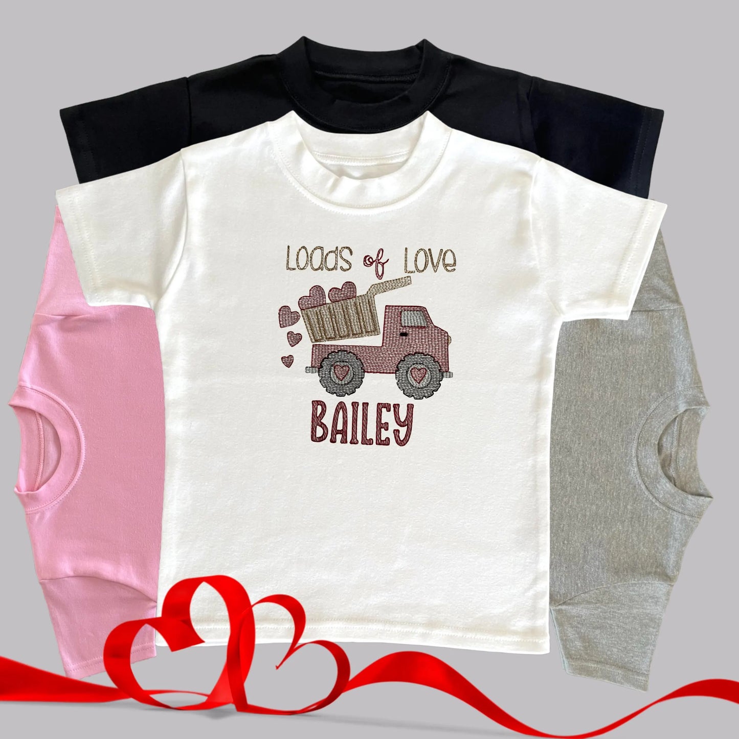 Personalised Embroidered Children's Valentine's Top: Tipper Truck Design.