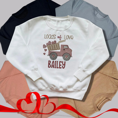Personalised Embroidered Children's Valentine's Top: Tipper Truck Design.
