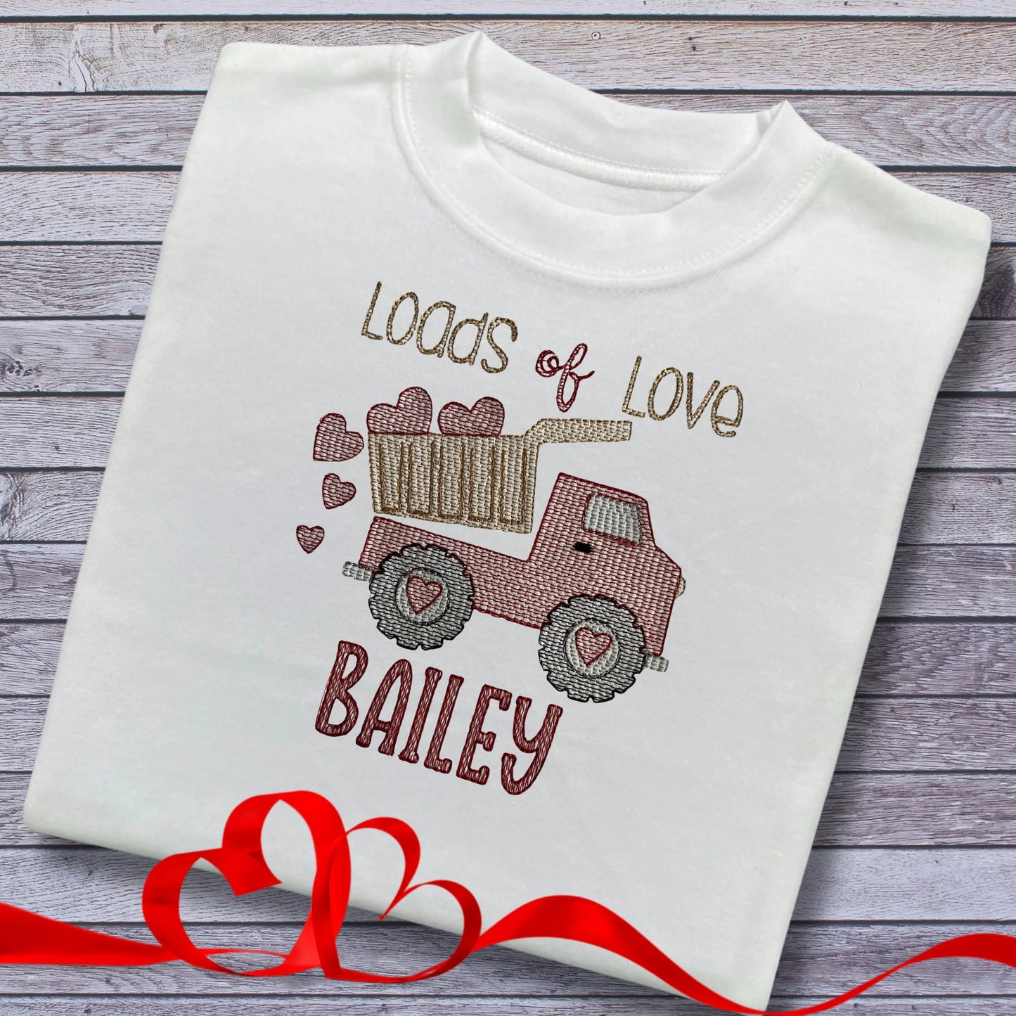 Personalised Embroidered Children's Valentine's Top: Tipper Truck Design.