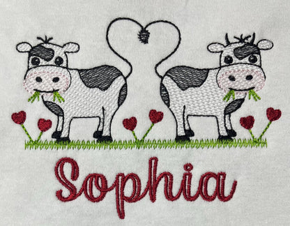 Personalised Embroidered Children's Valentine's Top: Cow Design.