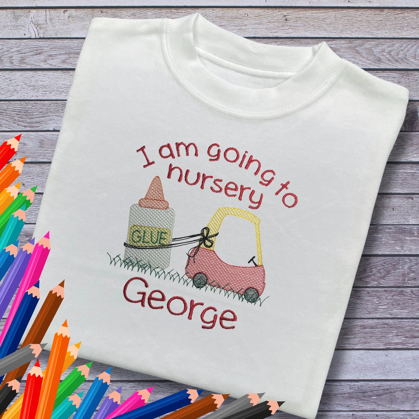 Personalised Embroidered Children's Going to Nursery Top: Red Car Design