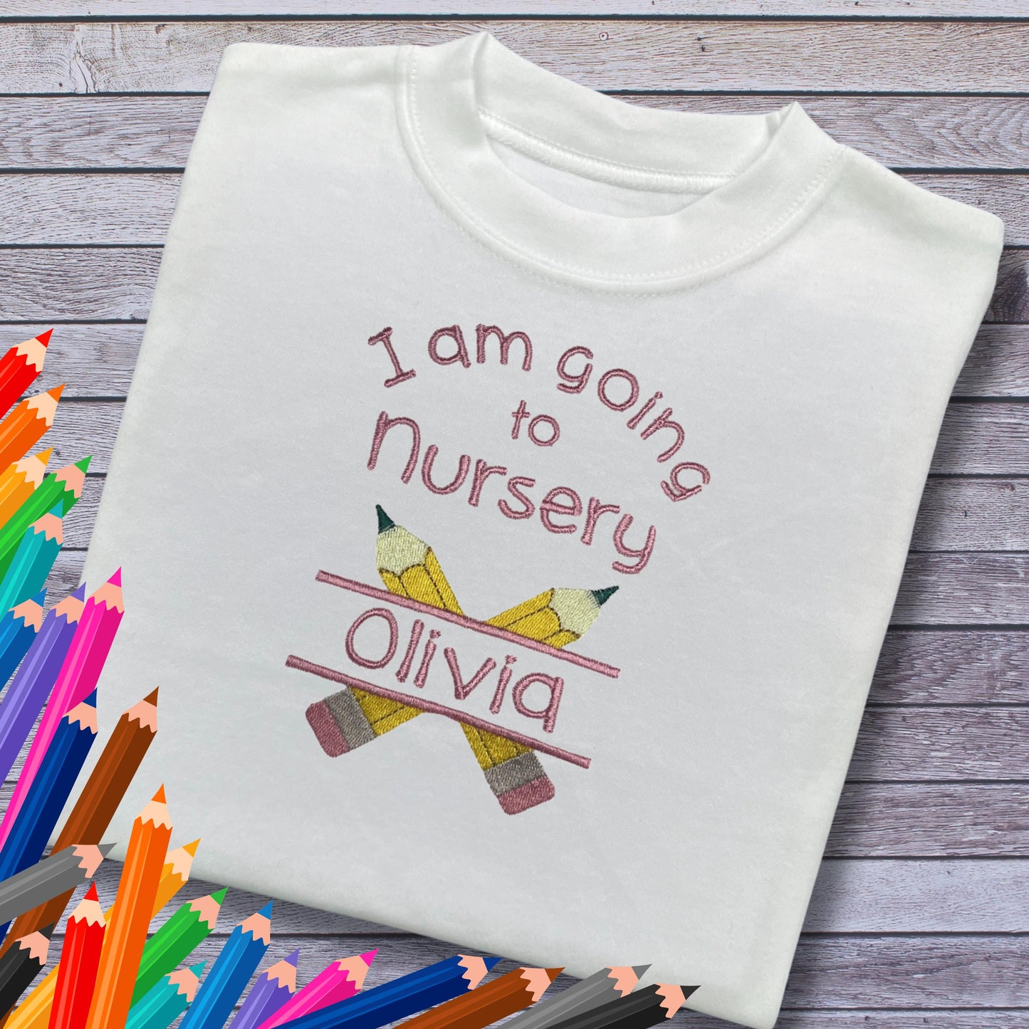 Personalied Embroidered Children's Going to Nursery Top: Cute Pencil Design