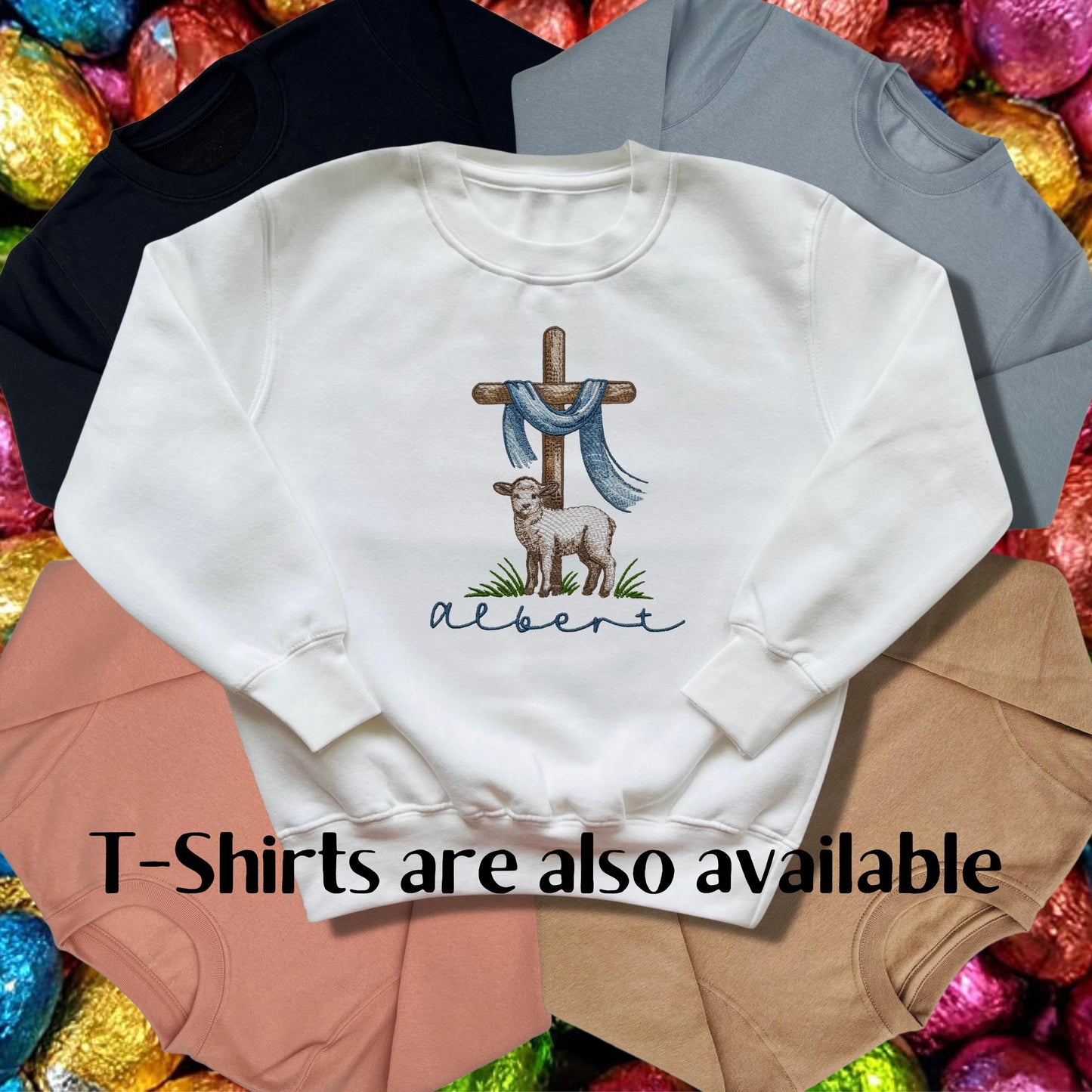 Personalised Embroidered Children's Easter Top: Cross and Lamb Design.
