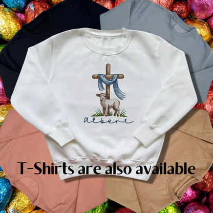 Personalised Embroidered Children's Easter Top: Cross and Lamb Design.