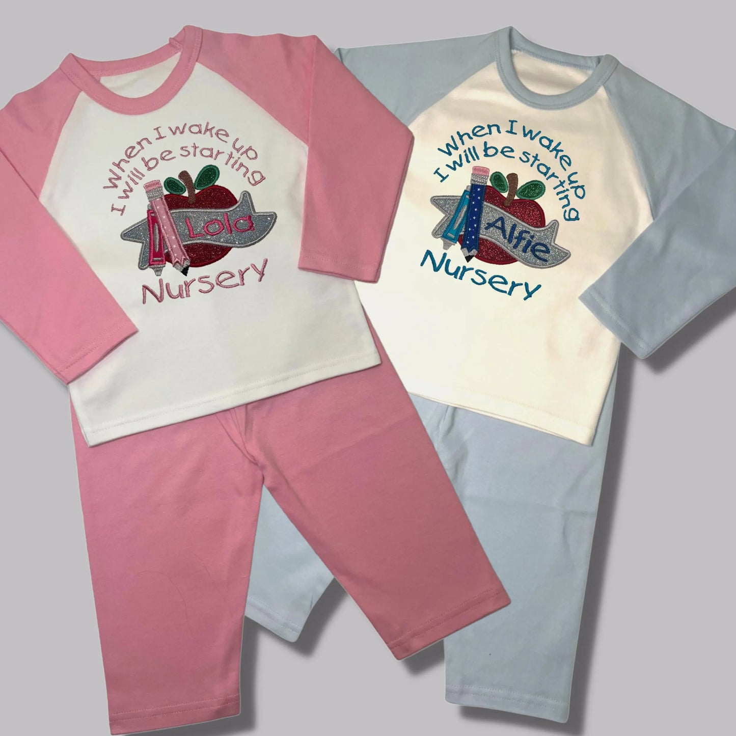 Personalised Embroidered Children's Pyjamas: Starting Nursery School Apple Design