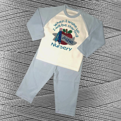Personalised Embroidered Children's Pyjamas: Starting Nursery School Apple Design