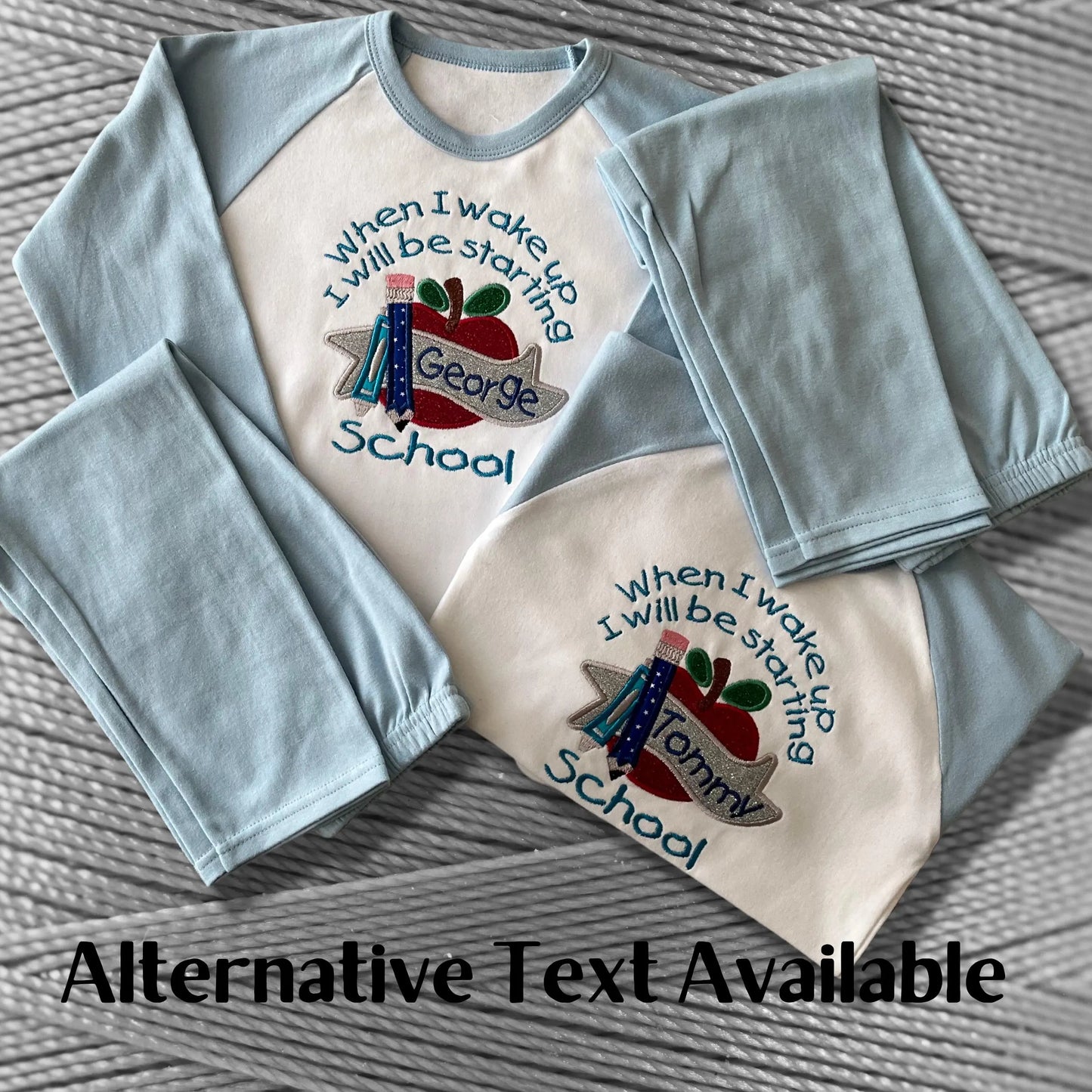 Personalised Embroidered Children's Pyjamas: Starting Nursery School Apple Design