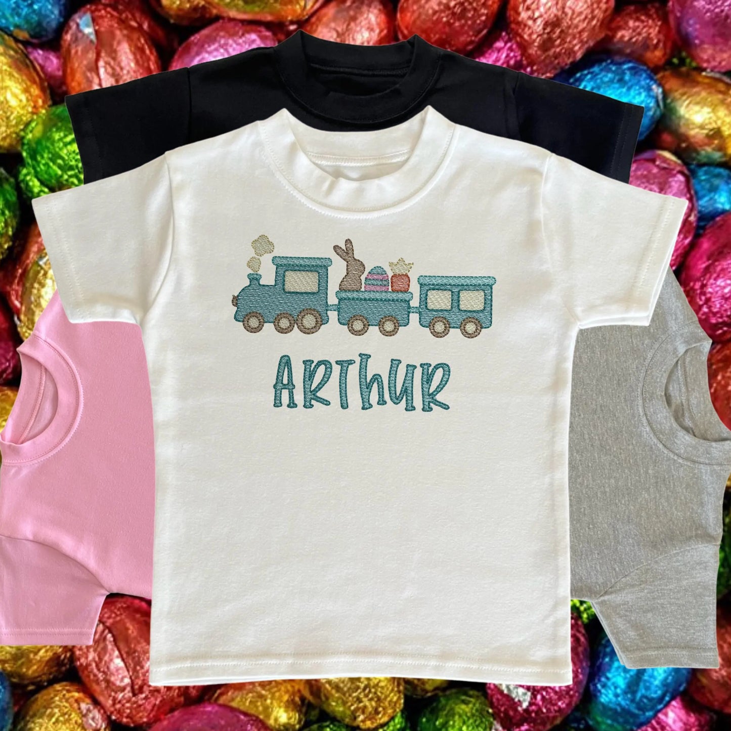 Personalised Embroidered Children's Easter Top: Train Design.