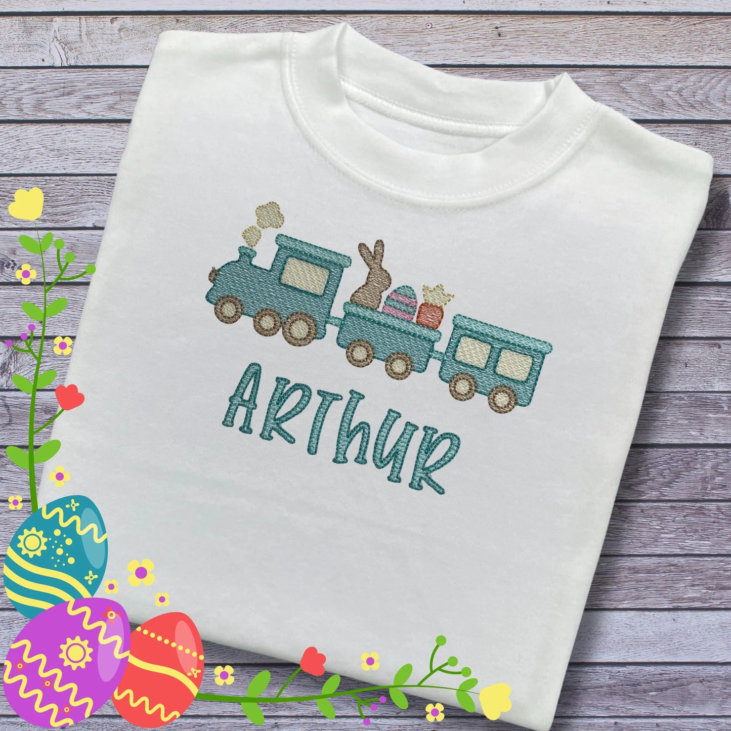 Personalised Embroidered Children's Easter Top: Train Design.