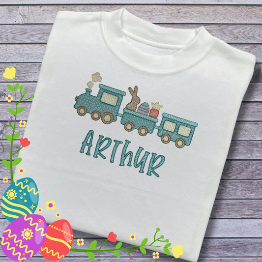 Personalised Embroidered Children's Easter Top: Train Design.