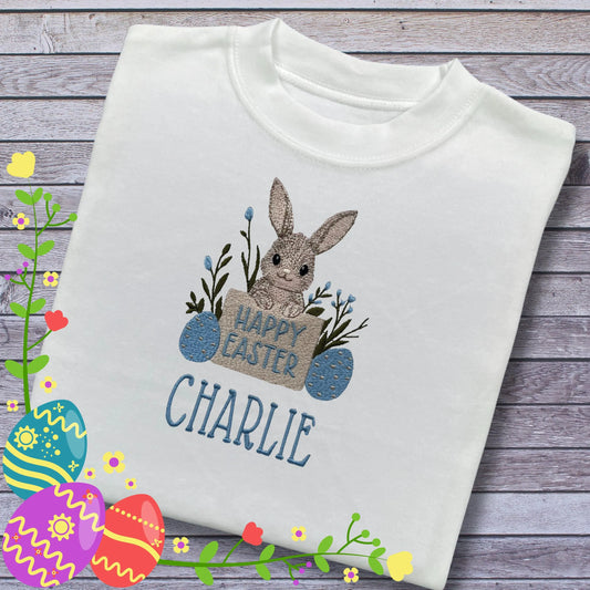 Personalised Embroidered Children's Happy Easter Top: Bunny Design
