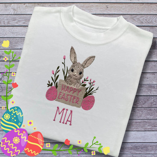 Personalised Embroidered Children's Happy Easter Top: Bunny Design