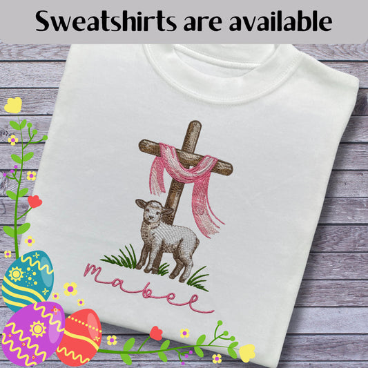 Personalised Embroidered Children's Easter Top: Cross and Lamb Design.