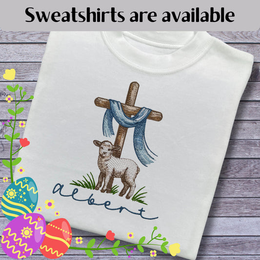 Personalised Embroidered Children's Easter Top: Cross and Lamb Design.