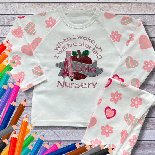 Personalised Embroidered Children's Pyjamas: Starting Nursery Apple Design.