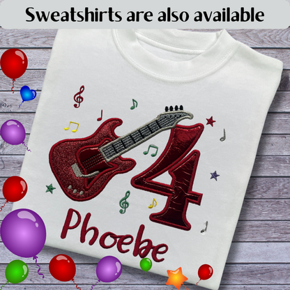 Personalised Embroidered Children's Birthday Top: Glittery Guitar Design