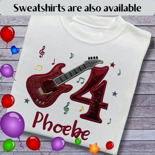 Personalised Embroidered Children's Birthday Top: Glittery Guitar Design